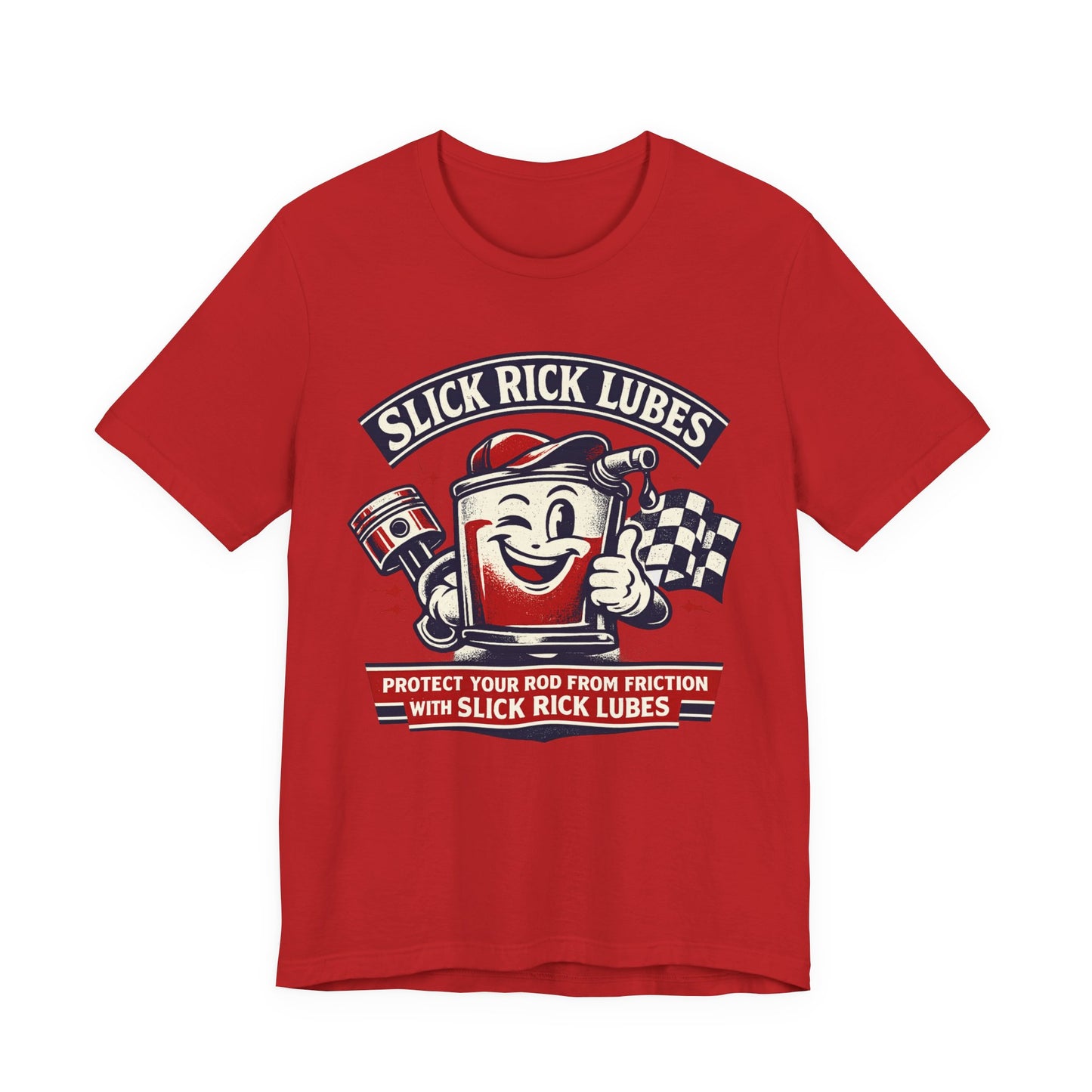 Red t-shirt with 'Slick Rick Lubes' graphic on a white background