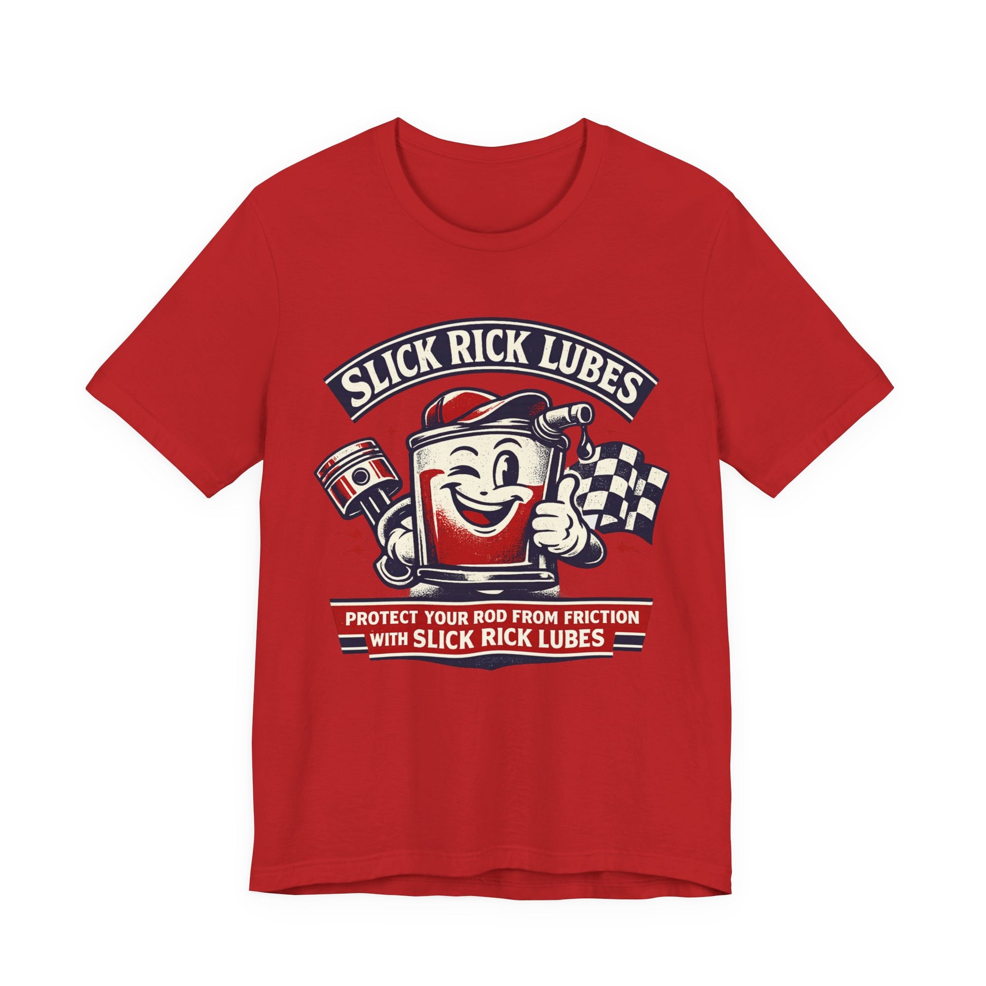 Red t-shirt with 'Slick Rick Lubes' graphic on a white background
