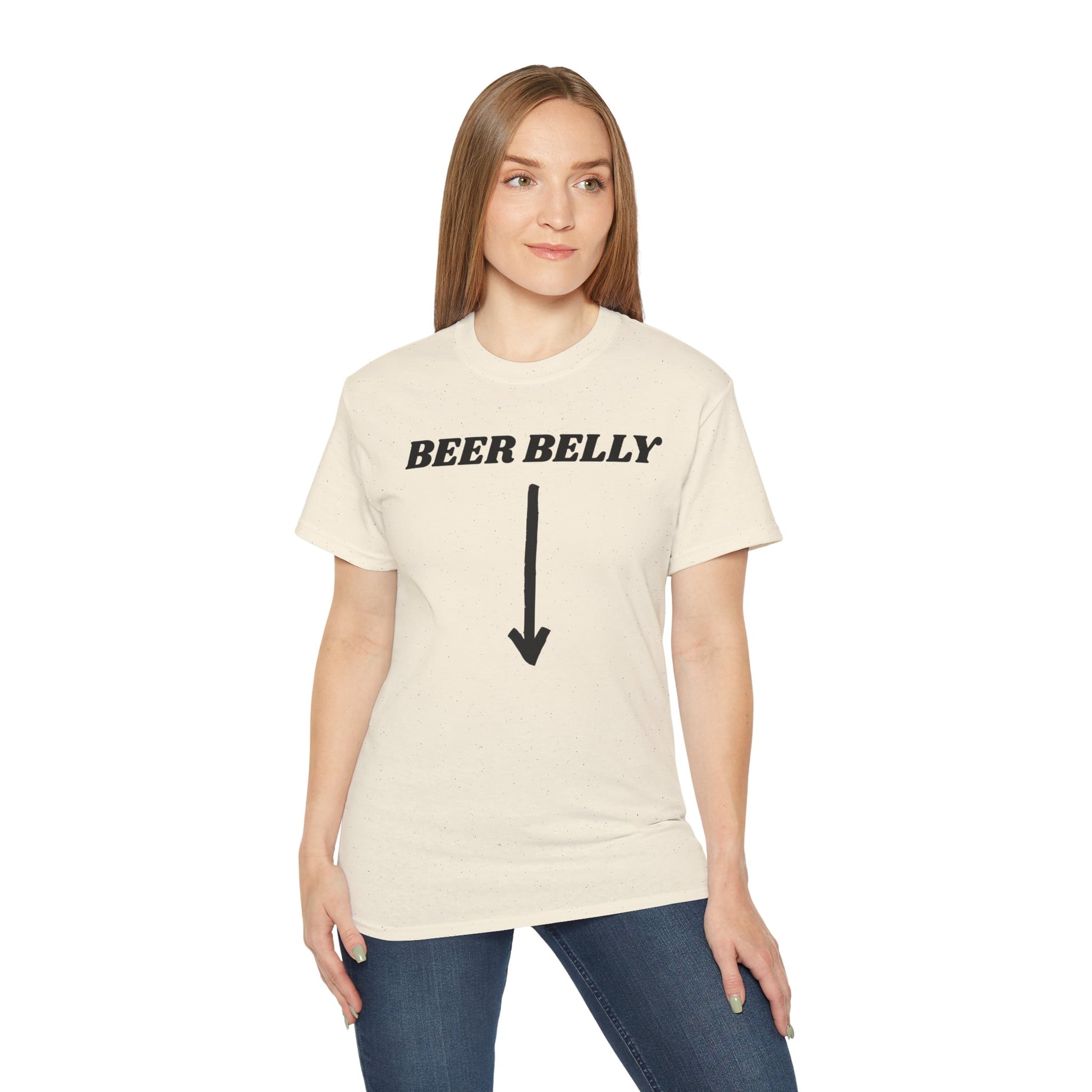 Person wearing a cream t-shirt with 'BEER BELLY' text and an arrow graphic on a white background