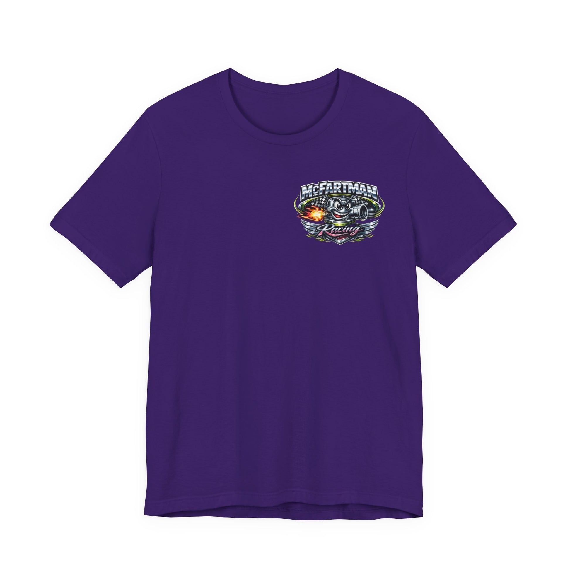 Purple t-shirt with a racing-themed graphic on a white background