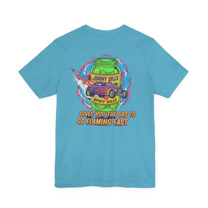 Blue t-shirt with a colorful graphic on the back featuring a pickle jar and car design with text  'Jimmy Dills Spicy Dills Gives You The Gas To Go Flaming Fast', on a white background.