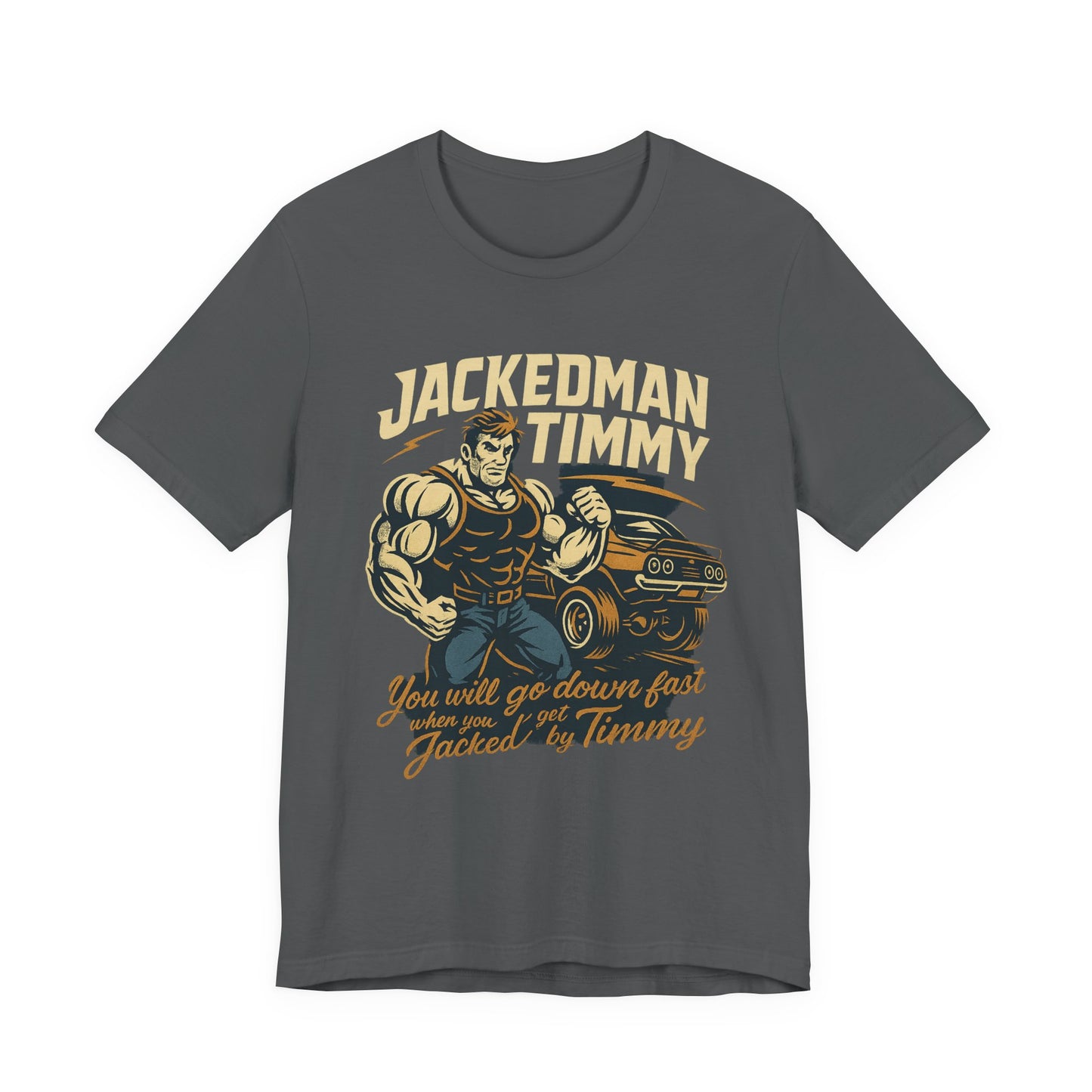 Gray t-shirt with 'Jackedman Timmy' graphic design on a white background