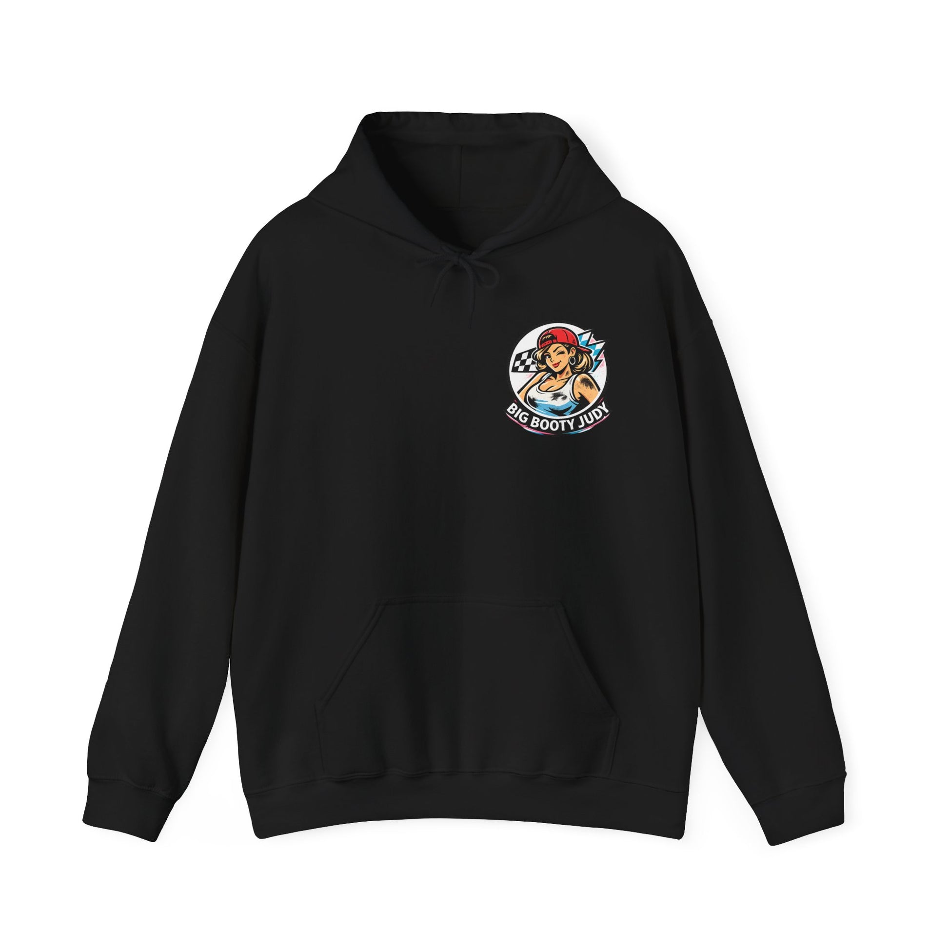 Black hoodie with a 'Big Booty Judy' logo graphic design on the chest against a white background
