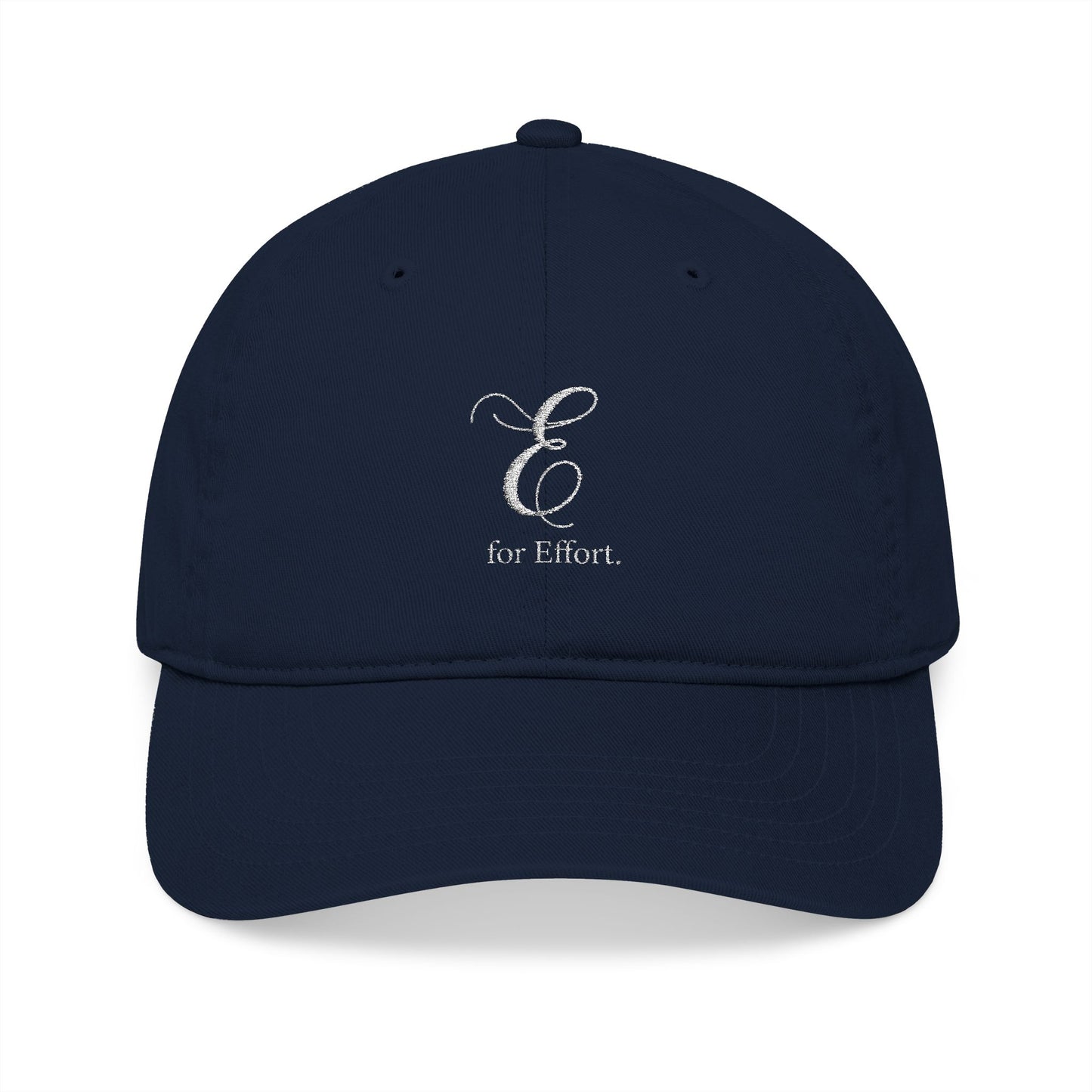 Navy blue cap with white embroidered text 'E for Effort' on a white background
