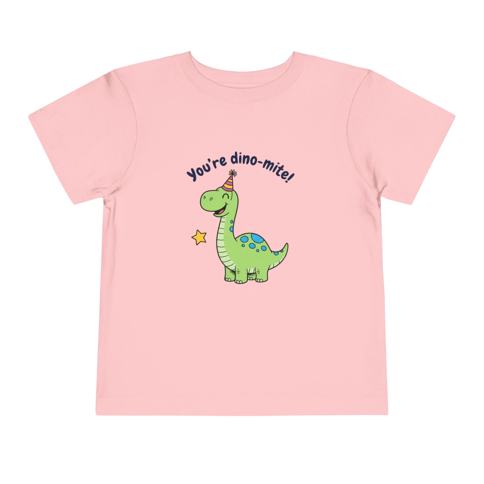 Pink t-shirt with a green dinosaur and text on a white background
