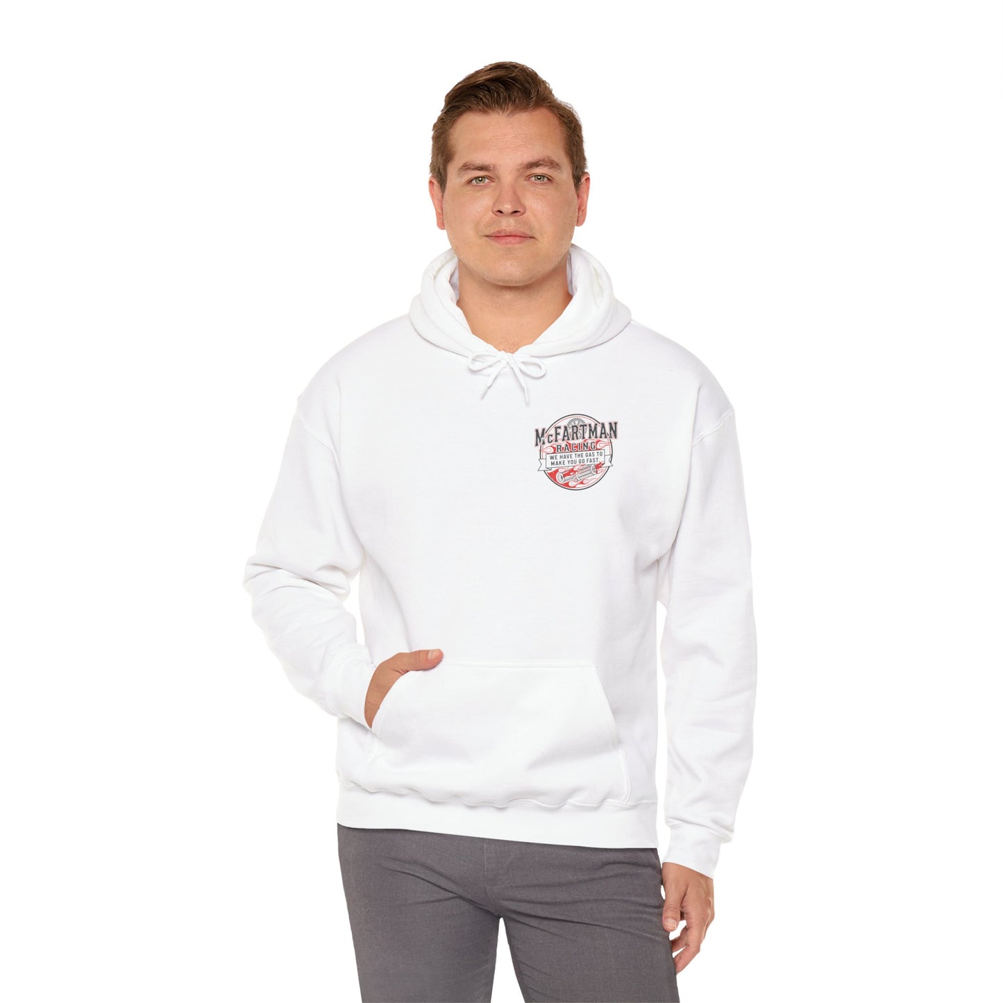 Man wearing a white hoodie with a logo McFartman Racing We have the gas to make you go fast on a white background