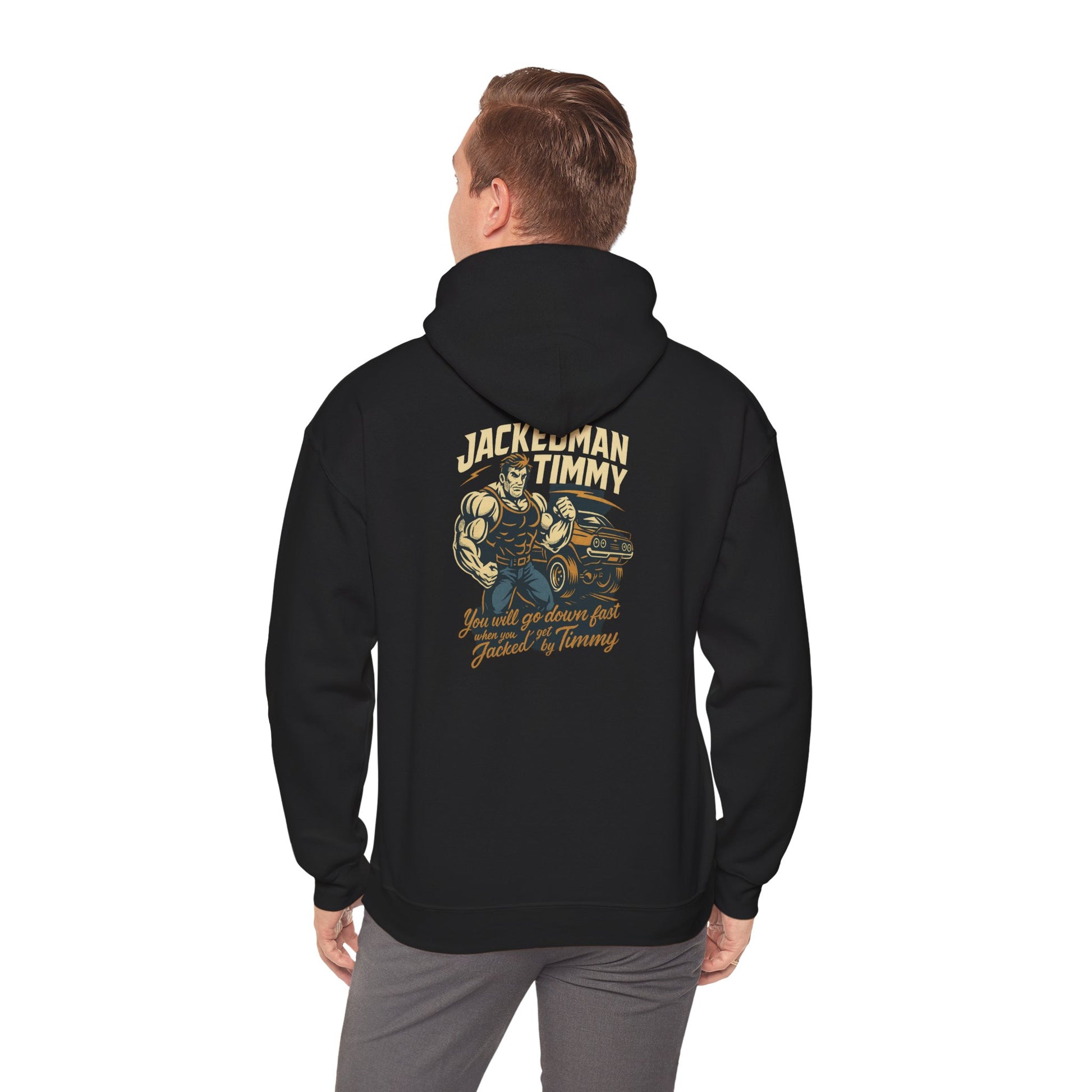 Black hoodie with 'JACKEDMAN TIMMY' graphic design on the back worn by a person, on a white background