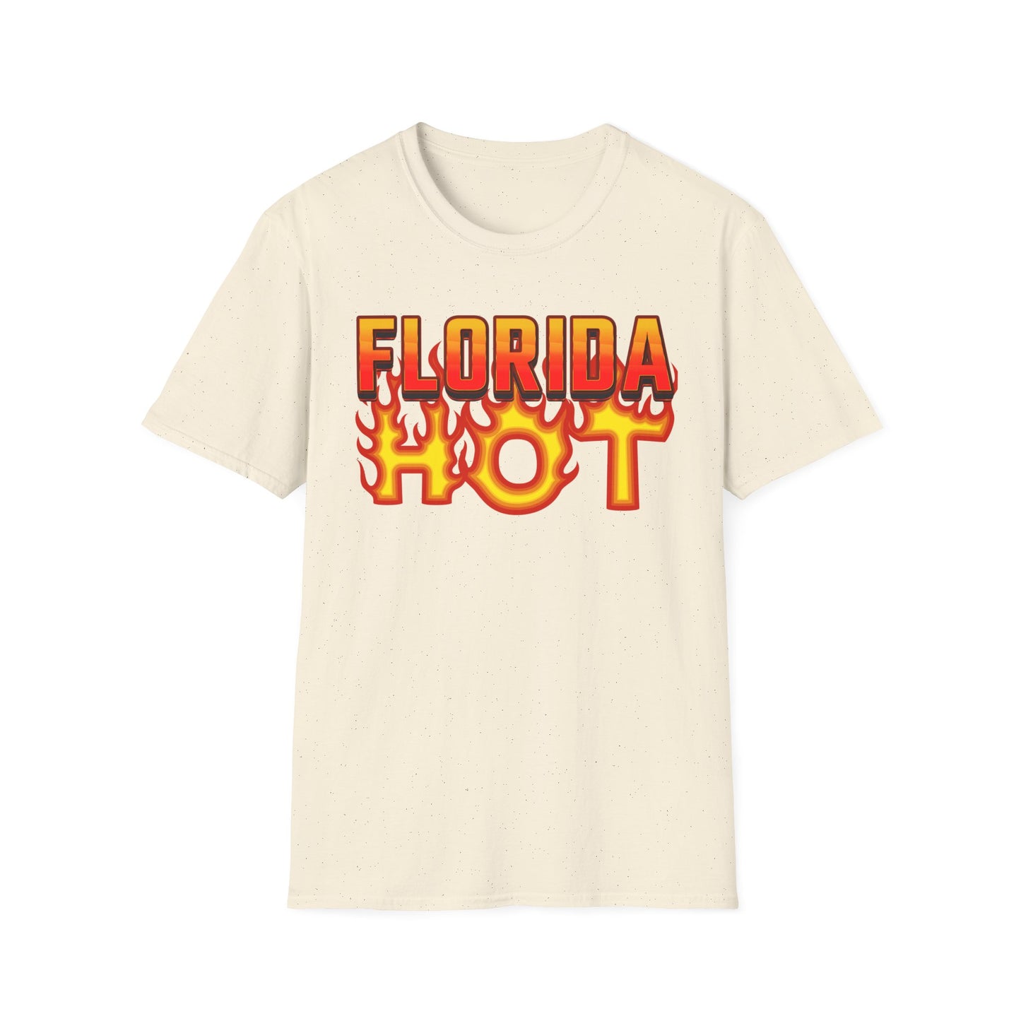 Beige t-shirt with 'Florida Hot' graphic design on a white background