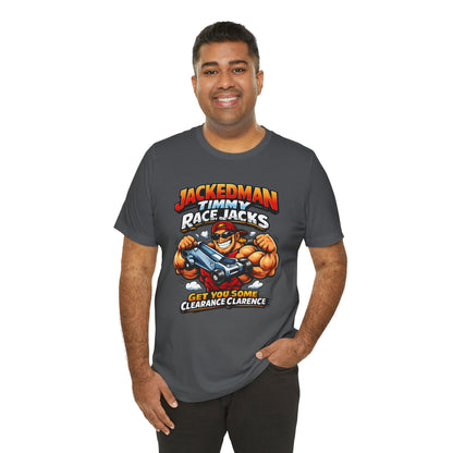 Man wearing an asphalt gray Bella+Canvas 3001 tee featuring Jackedman Timmy race jack design. Perfect for bracket racers and pit crew humor.