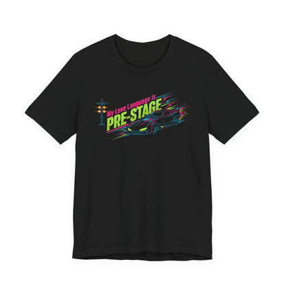 Black t-shirt with colorful graphic and 'My Love Language is Pre-Sage' text on a white background