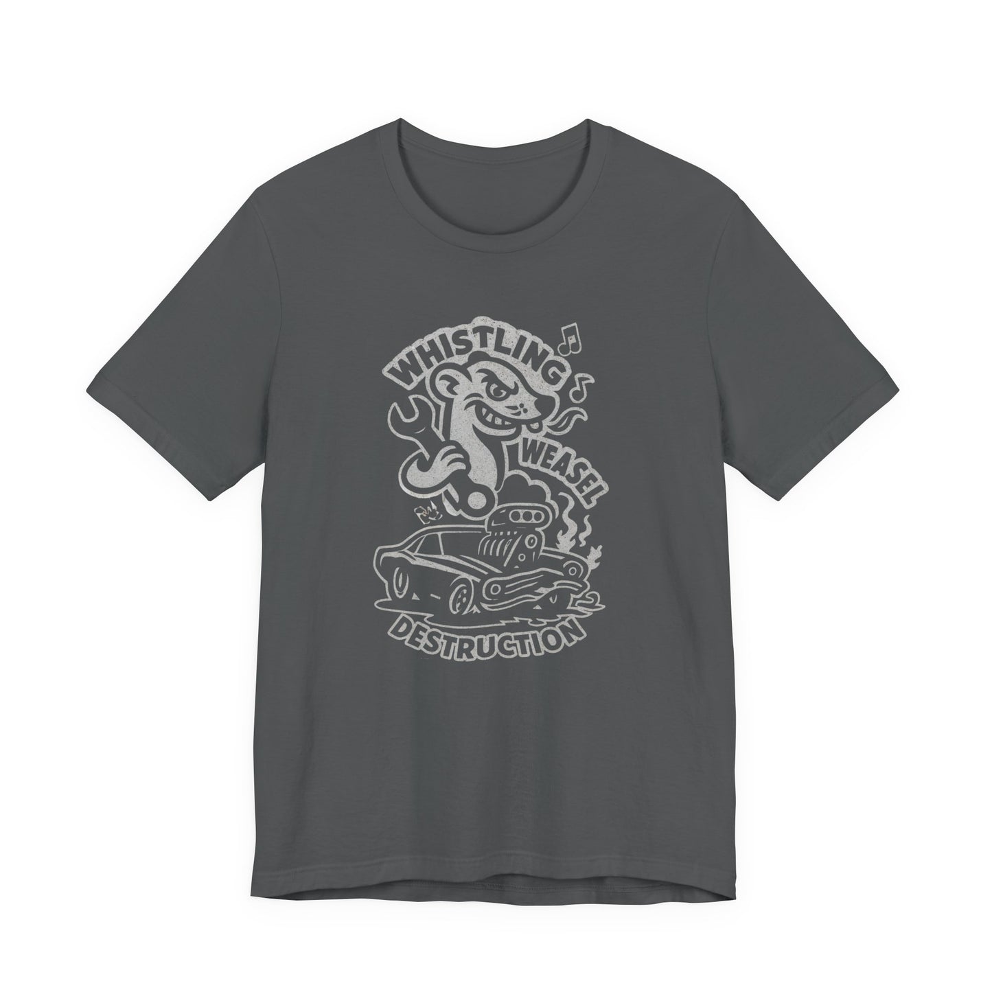 Cartoon weasel holding a wrench behind a flame-spitting muscle car with “Whistling Weasel Destruction” text—funny asphalt drag racing t-shirt for motorsport fans.