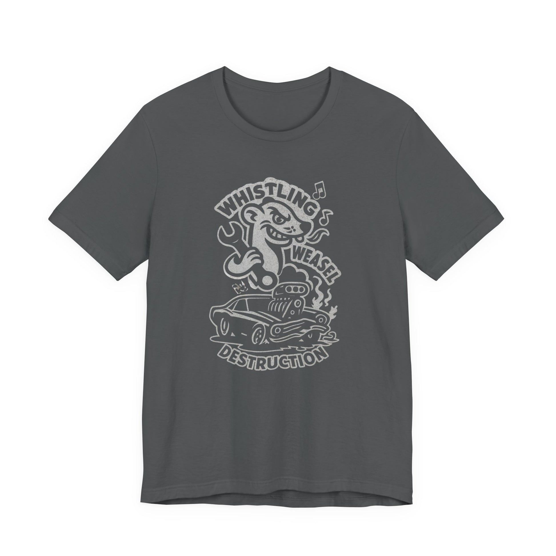 Cartoon weasel holding a wrench behind a flame-spitting muscle car with “Whistling Weasel Destruction” text—funny asphalt drag racing t-shirt for motorsport fans.