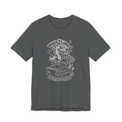 Cartoon weasel holding a wrench behind a flame-spitting muscle car with “Whistling Weasel Destruction” text—funny asphalt drag racing t-shirt for motorsport fans.