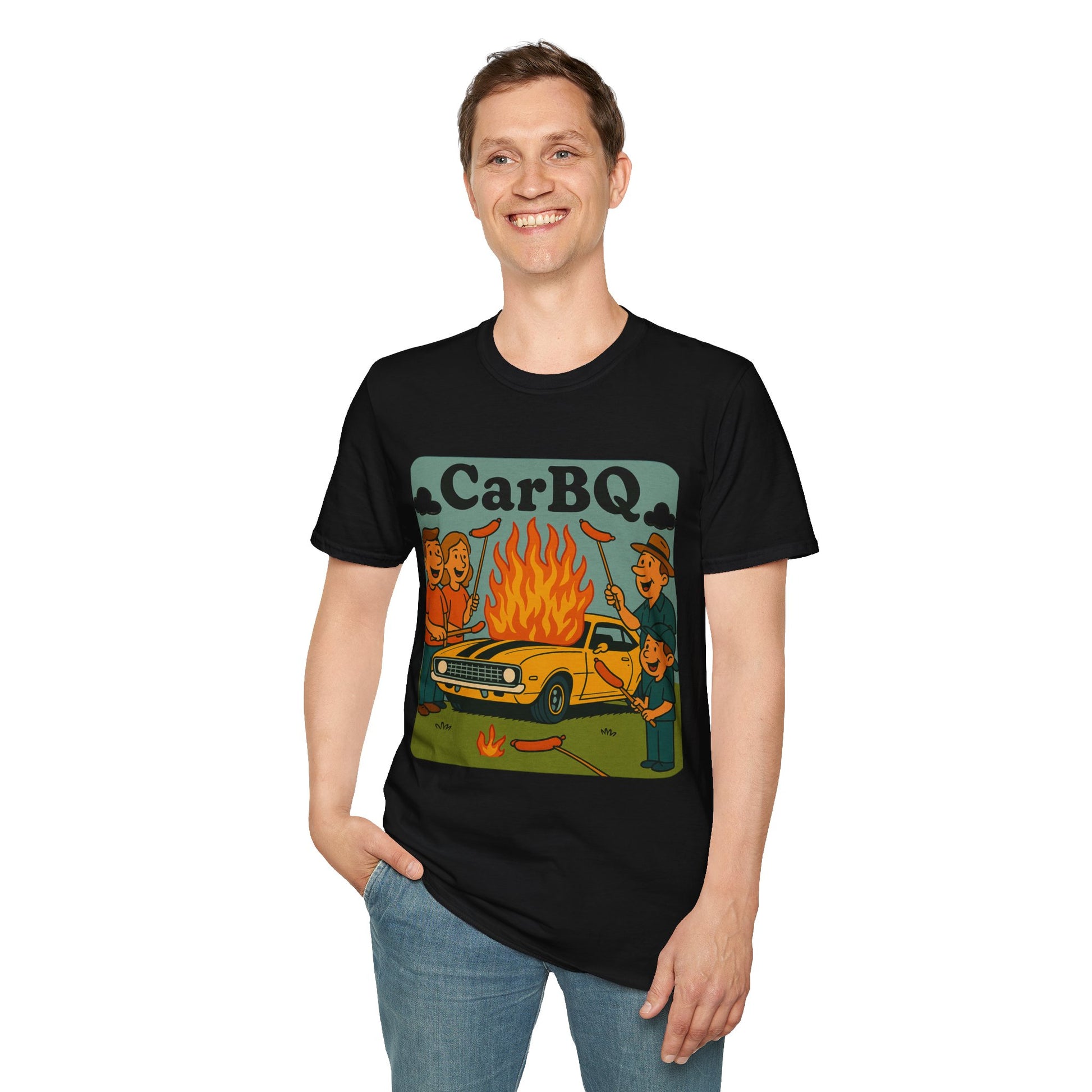 Person wearing a black t-shirt with 'Car BBQ' graphic design on a white background