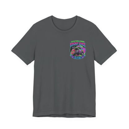 Gray t-shirt with colorful graphic and  'Jackedstand Jemima Sticky Juice You Can Always Rip A Good One With Jemima's Juice' text on a white background