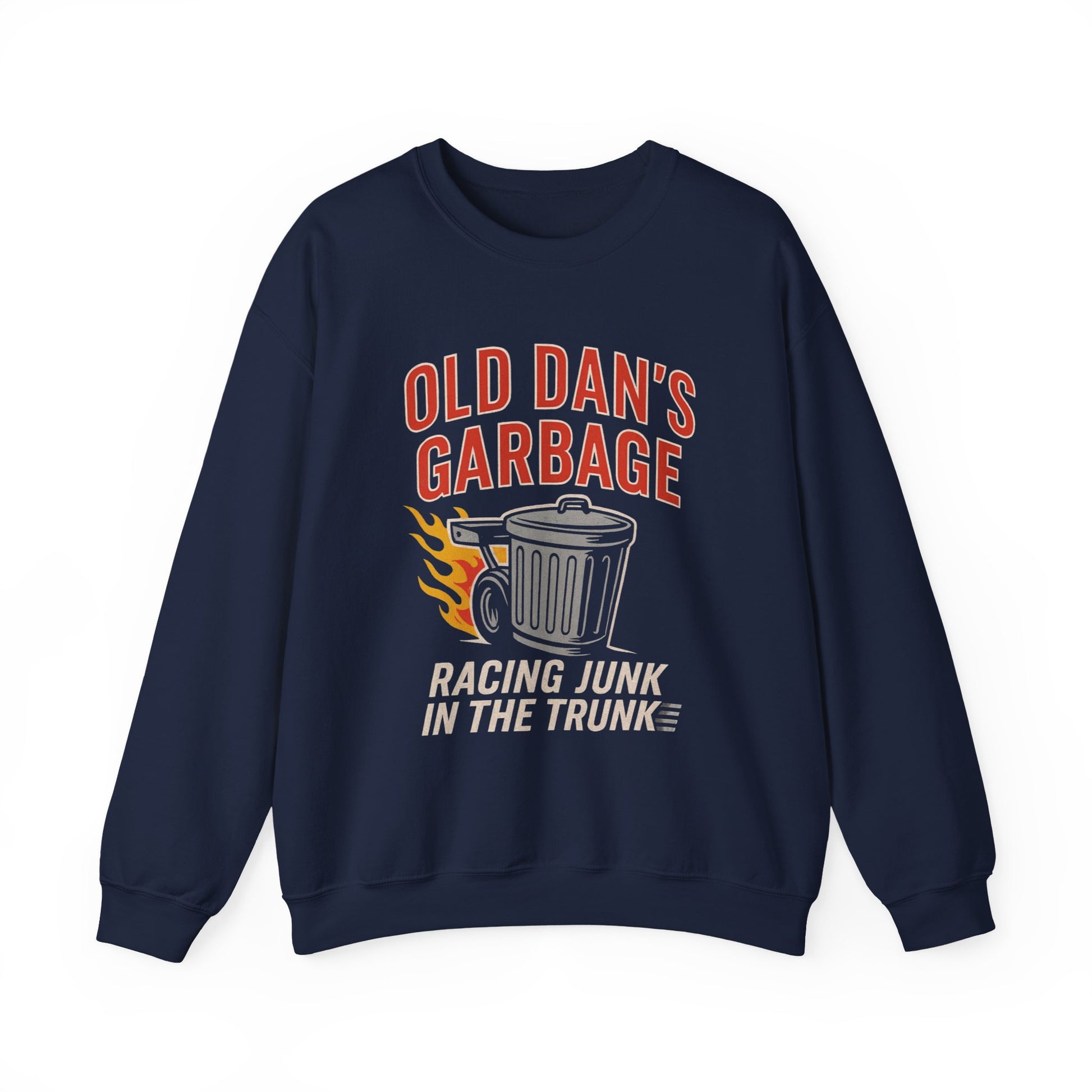 Navy Gildan 18000 crewneck sweatshirt flat lay with the Old Dan's Garbage Racing Junk in the Trunk graphic.