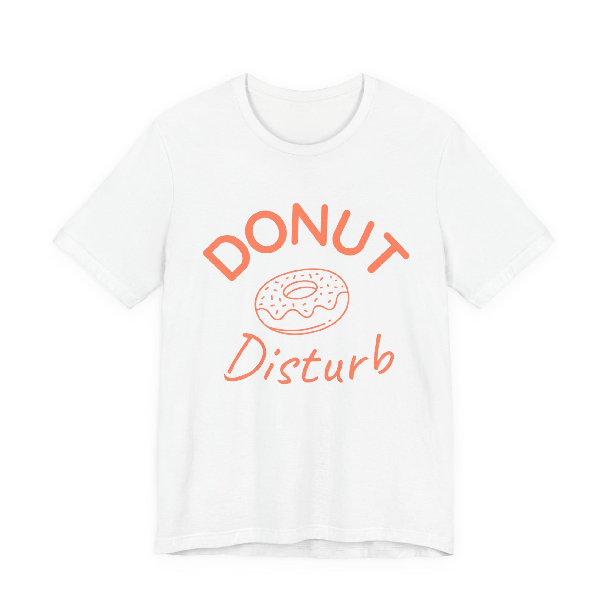 White t-shirt with 'DONUT Disturb' text and donut graphic on a white background