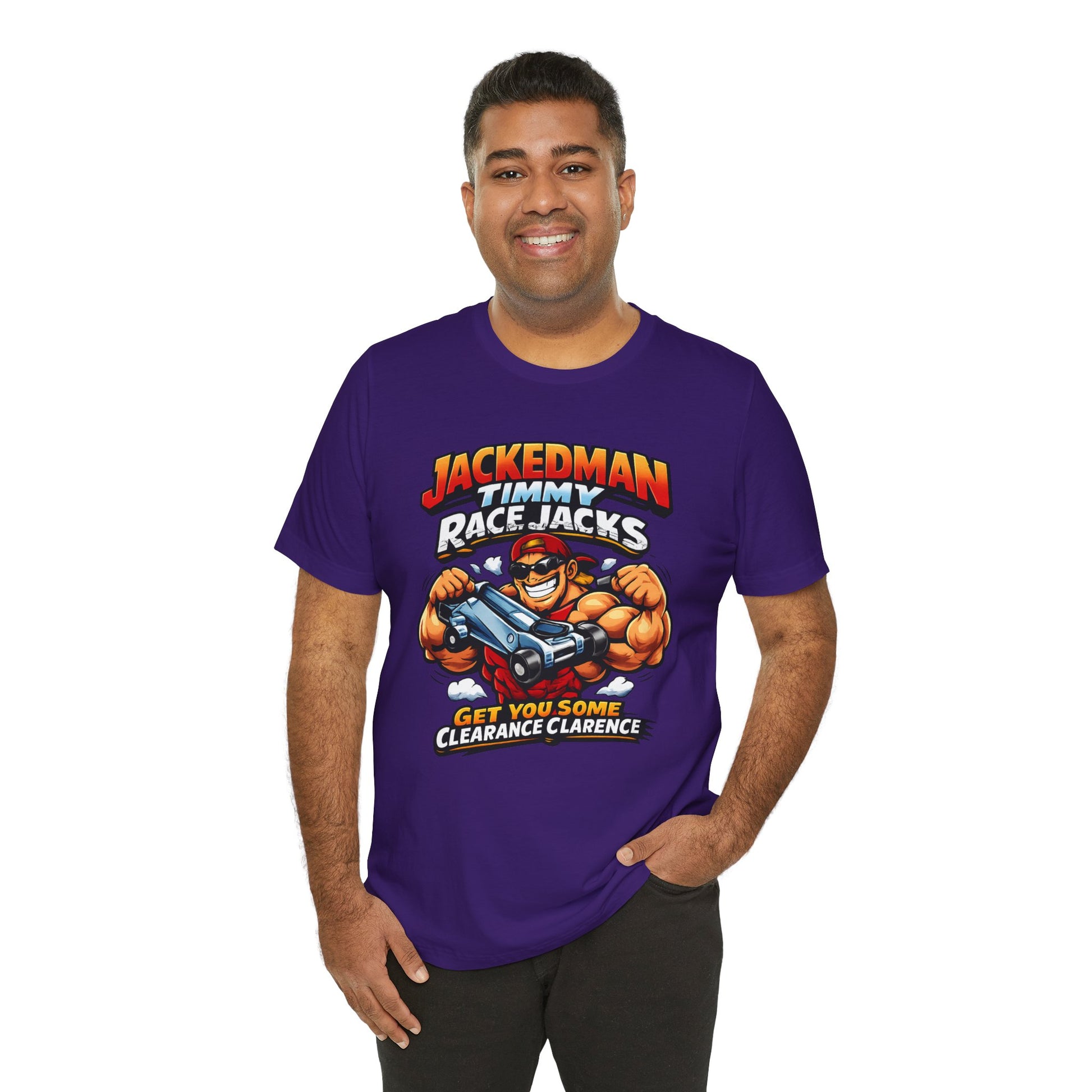 Man wearing a purple t-shirt with a graphic design and 'Jackedman Timmy Race Jacks Get You Some Clearance Clarence' text on a white background