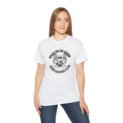 Woman wearing a white t-shirt with a graphic design and text 'RACE OR GO HOME DRAG RACERS CLUB' on a white background