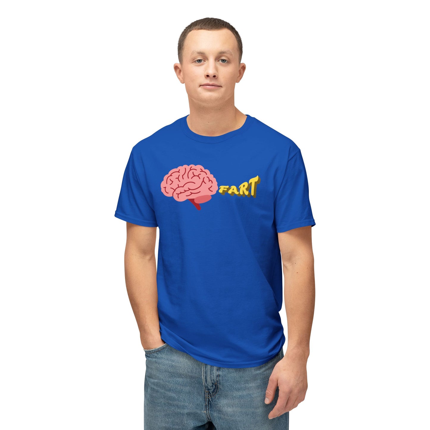 Person wearing a blue t-shirt with a brain graphic and the word 'FART' on a white background