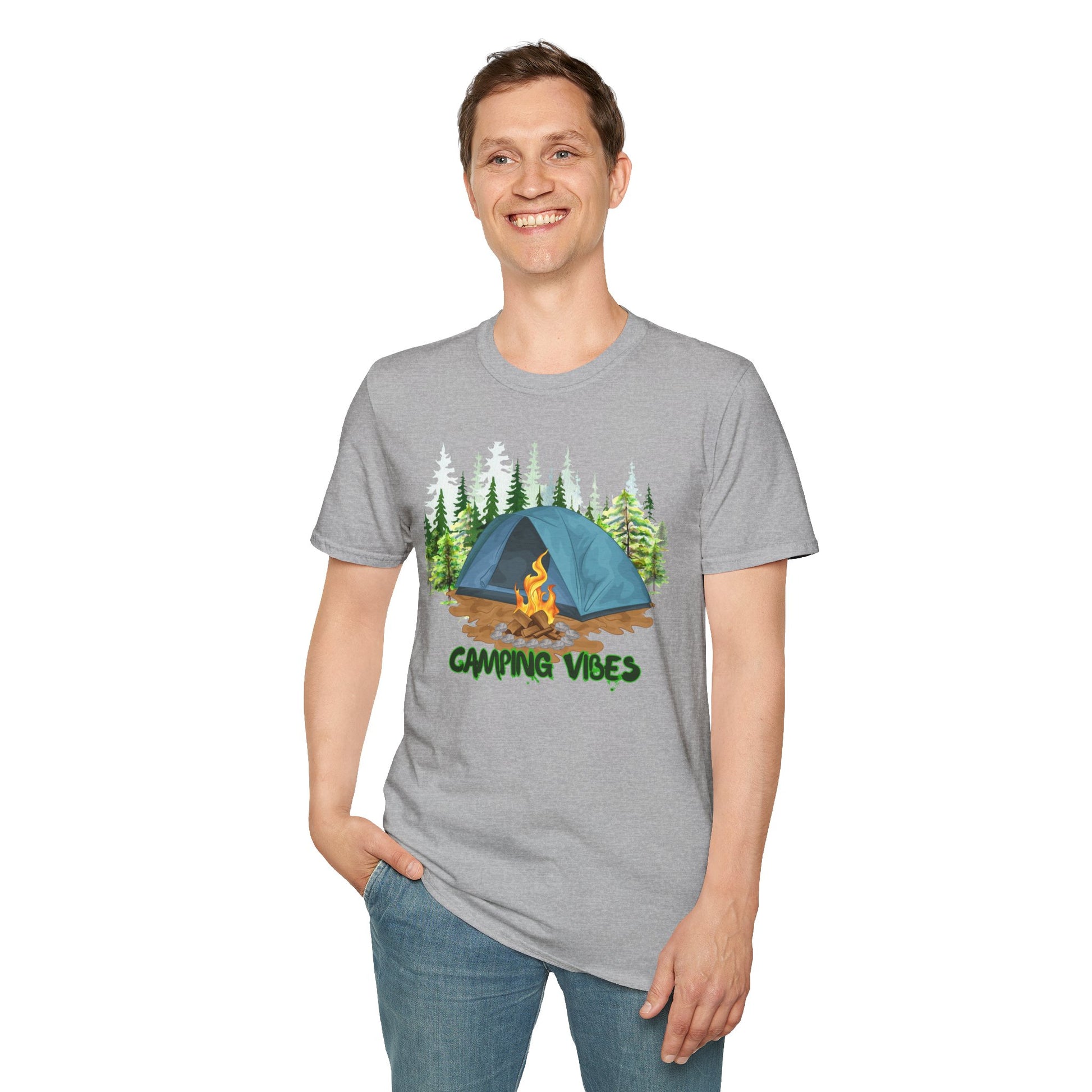 Person wearing a gray t-shirt with a 'Camping Vibes' design on a white background