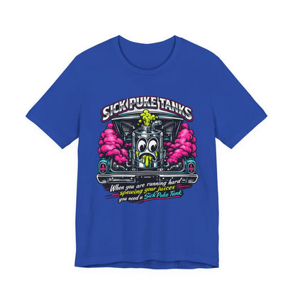 Blue t-shirt with a colorful graphic design and 'Sick Puke Tanks When you are running hard spewing your juices you need a Sick Puke Tank' text on a white background