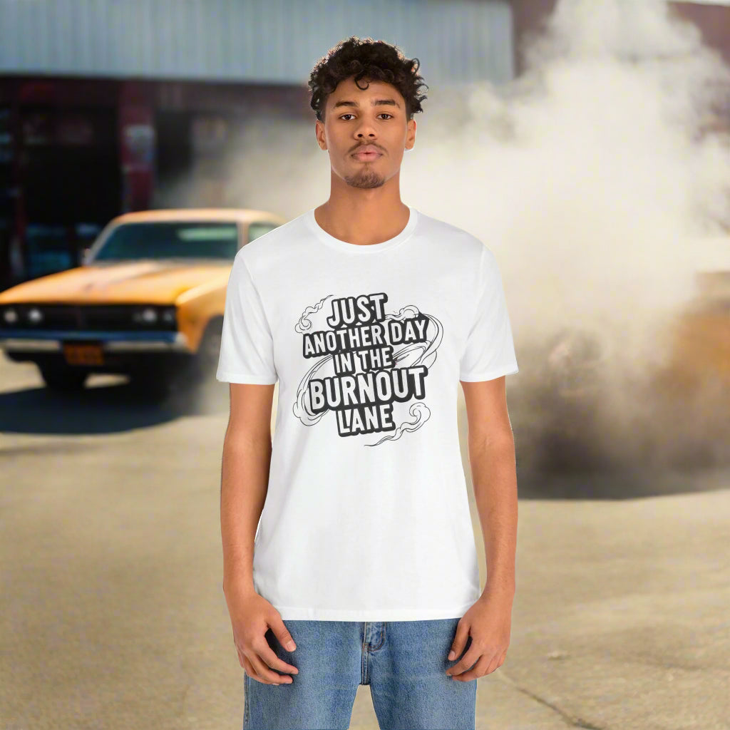 Person wearing a white t-shirt with text design on a white background