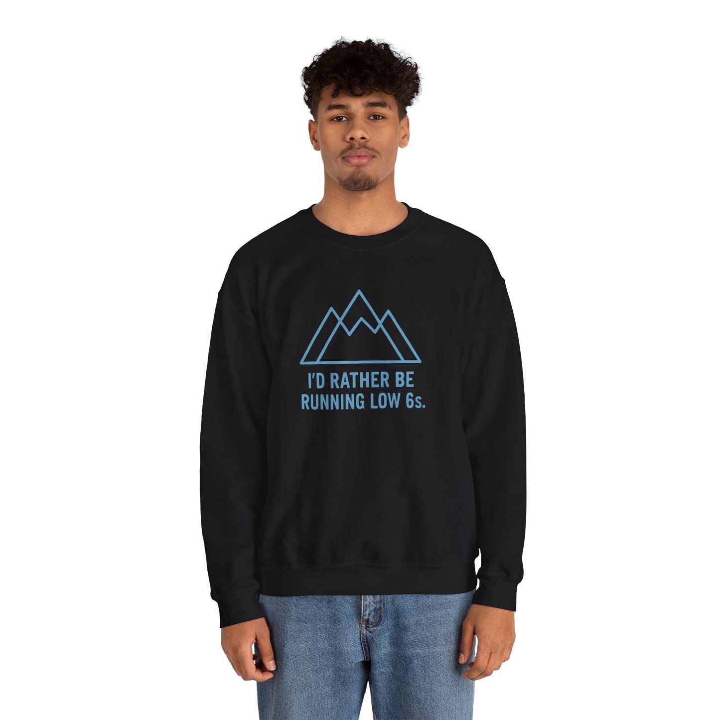 Person wearing a black sweatshirt with a mountain graphic and text 'I'd rather be running low 6s' on a white background
