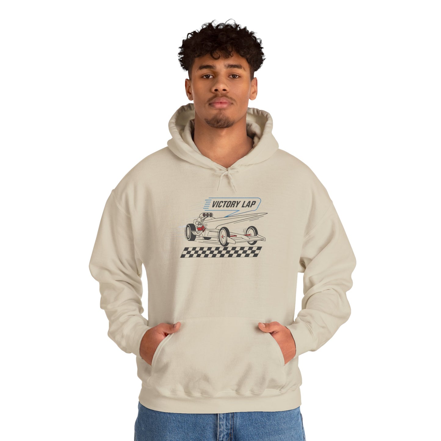 Person wearing a beige hoodie with a graphic design and text 'VICTORY LAP' on a white background