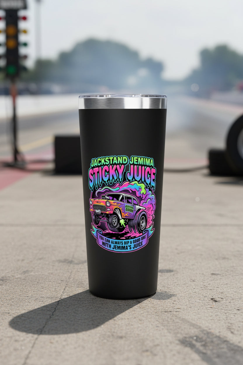 Black 22 oz tumbler featuring a neon drag‑racing car doing a burnout with flames, oversized slicks, and the text ‘Jackstand Jemima Sticky Juice’ in bold retro colors.