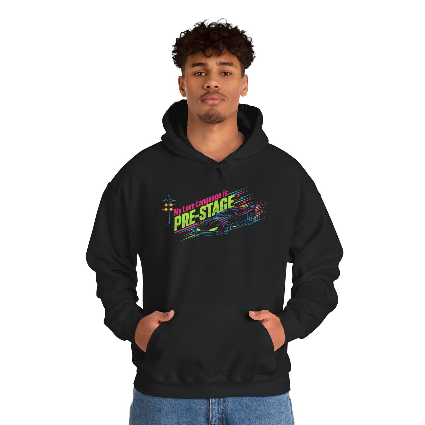 Person wearing a black hoodie with colorful text 'My Love Language is Pre-Stage' design on a white background