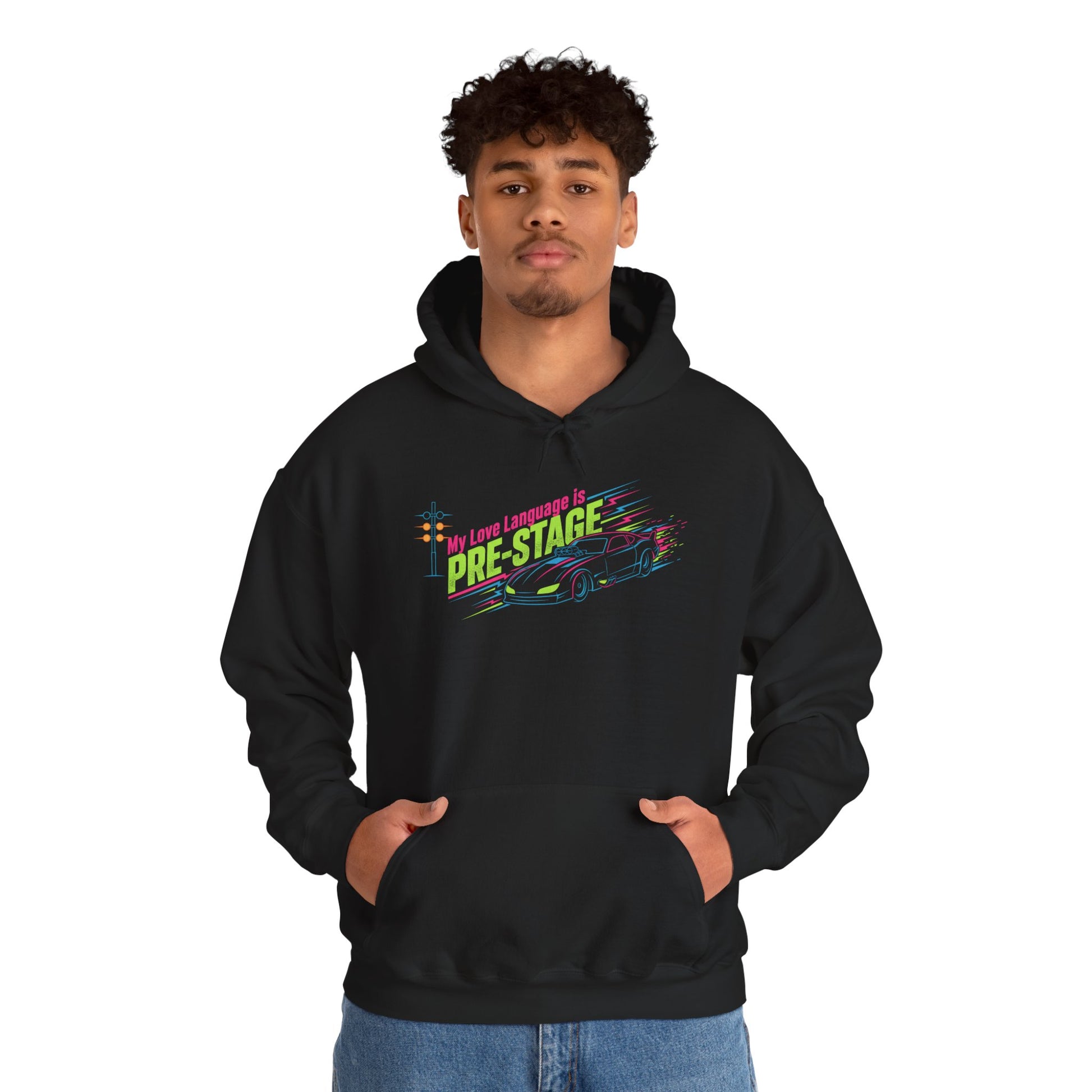 Person wearing a black hoodie with colorful text 'My Love Language is Pre-Stage' design on a white background