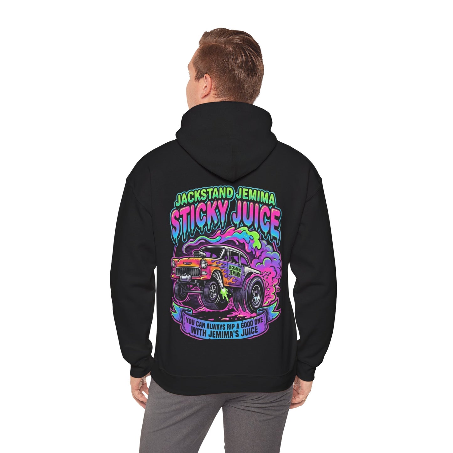 Person wearing a black hoodie with colorful graphic design on the back, featuring 'Jackstand Jemima Sticky Juice You Can Always Rip A Good One With Jemima's Juice' text and a car illustration.