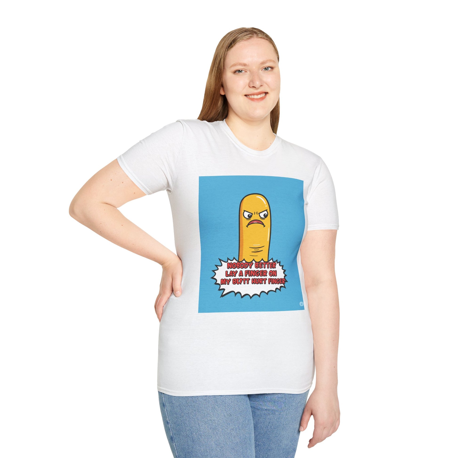 Person wearing a white t-shirt with a graphic design and text 'Nobody better lay a finger on my butt hurt finger' on a white background