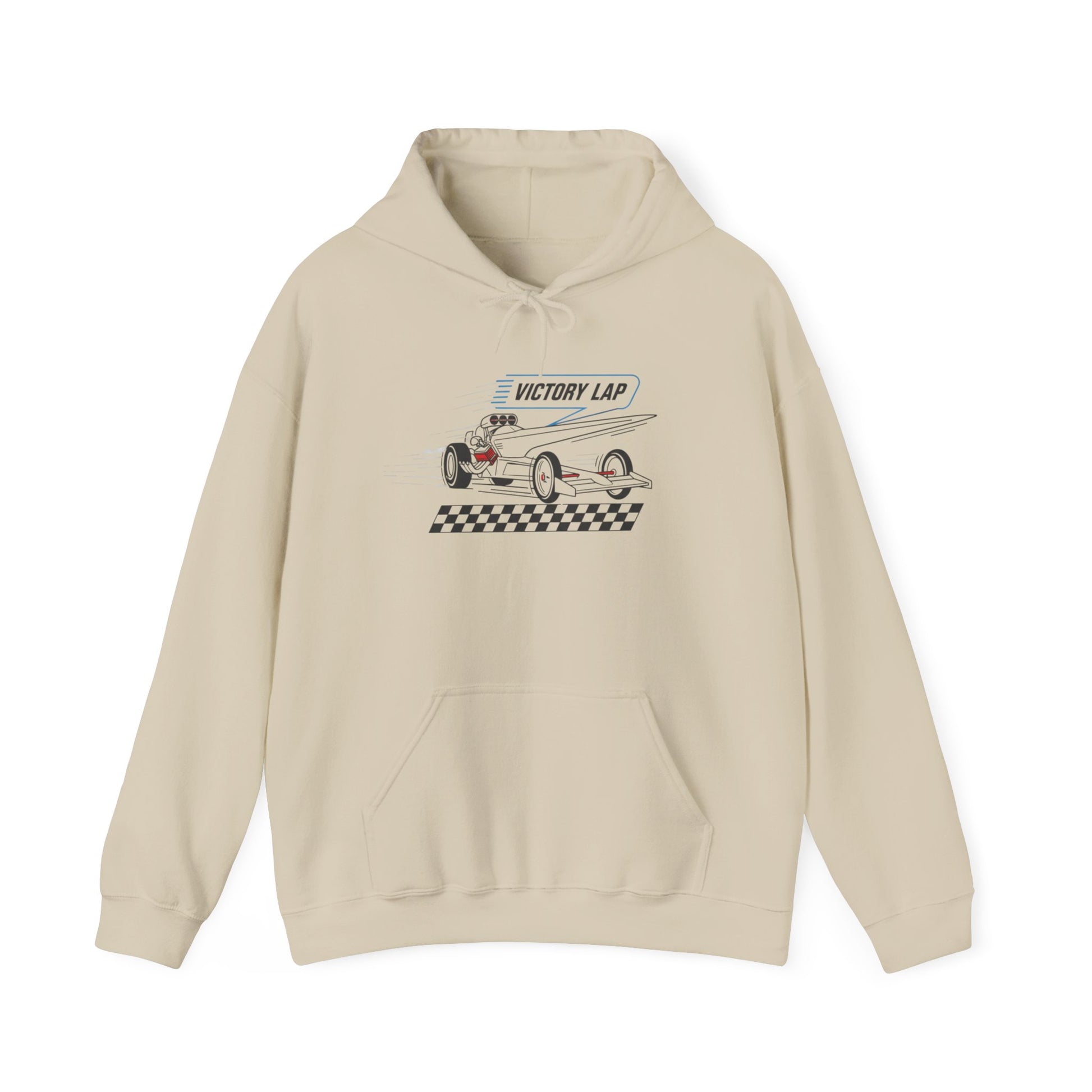 Beige hoodie with race car graphic and 'Victory Lap' text on a white background