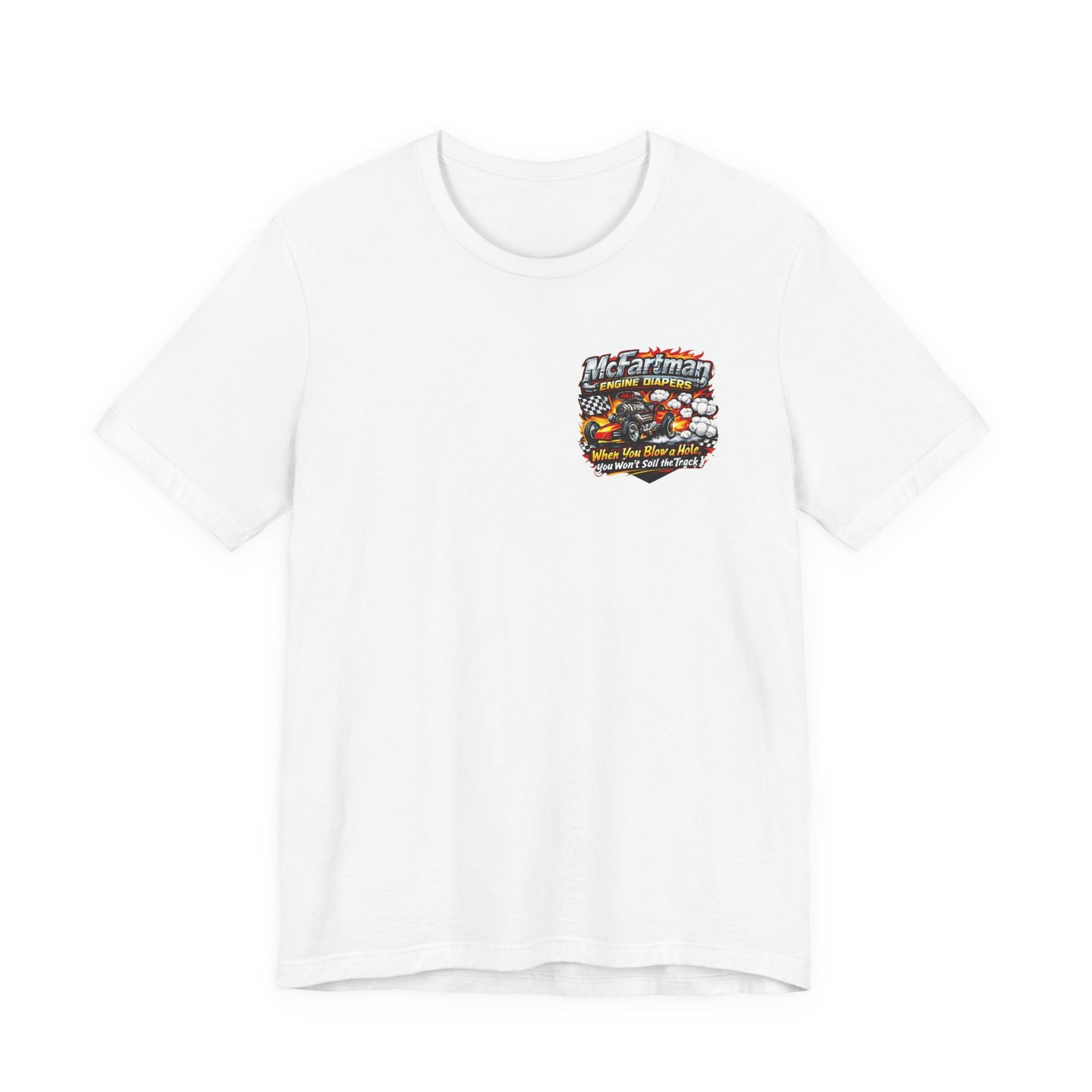 White t-shirt with a colorful 'McFartman Engine Diapers' logo on a white background