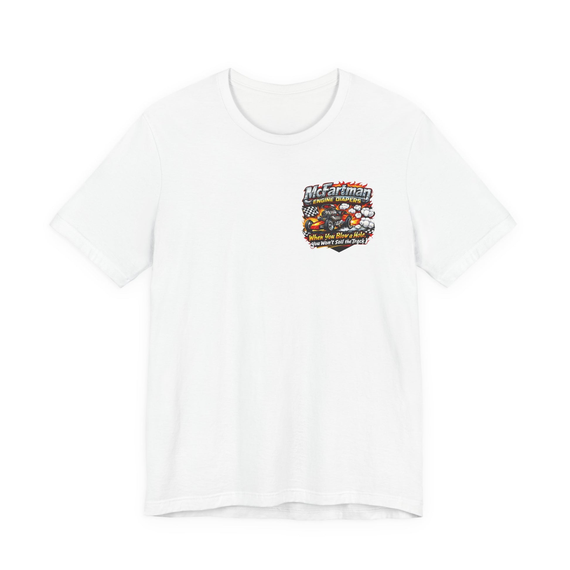White t-shirt with a colorful 'McFartman Engine Diapers' logo on a white background