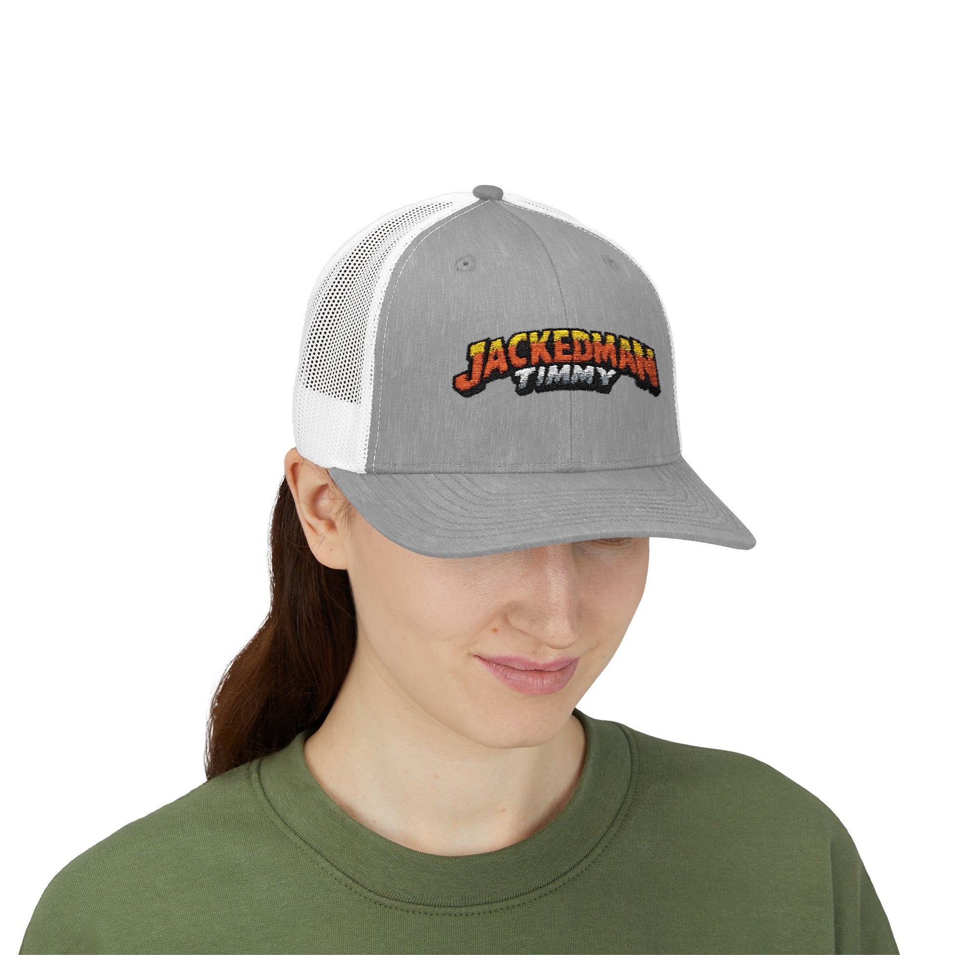 Person wearing a gray and white cap with 'Jackedman Timmy' logo on a white background