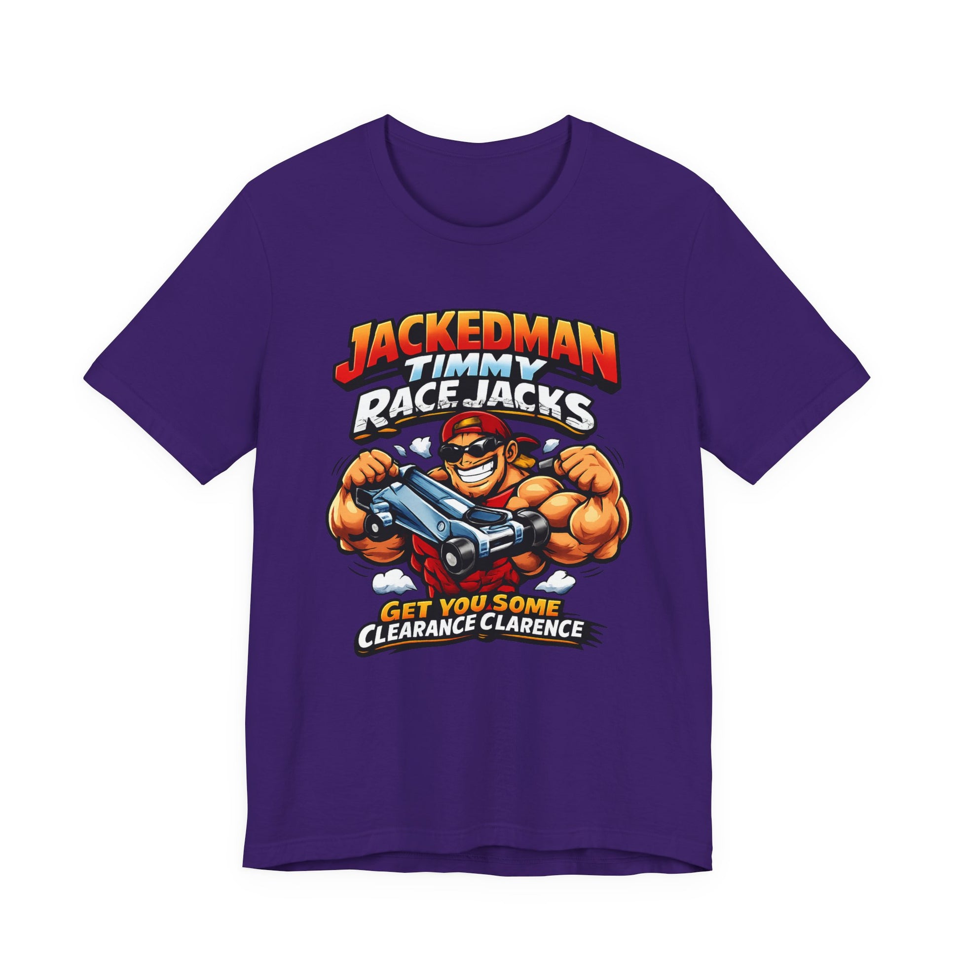 Purple t-shirt with a graphic design featuring a muscular character and  'Jackedman Timmy Race Jacks Get You Some Clearance Clarence' text on a white background