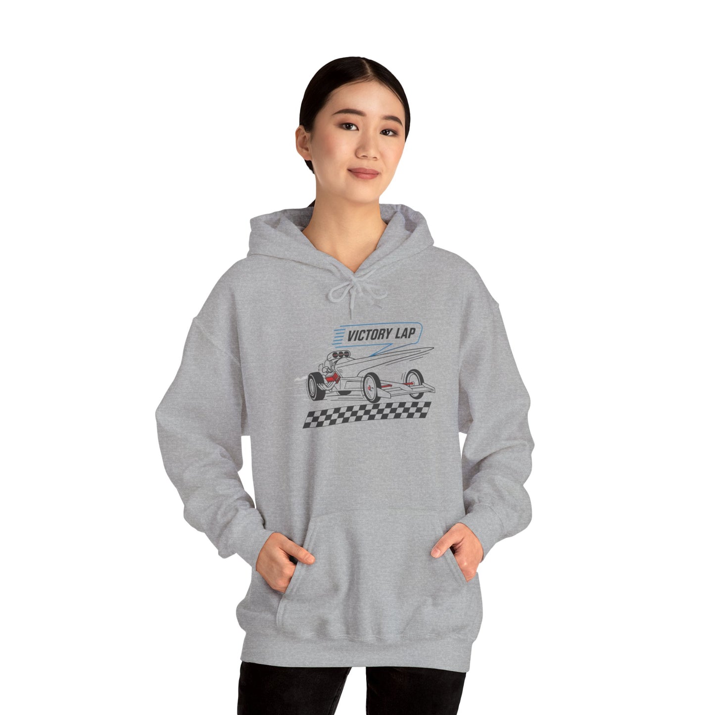 Person wearing a gray hoodie with a race car graphic 'VICTORY LAP' on a white background