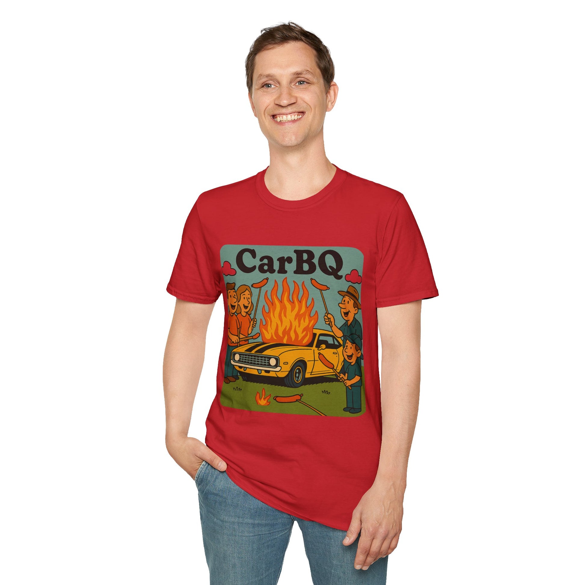 Person wearing a red t-shirt with 'Car BBQ' graphic design on a white background