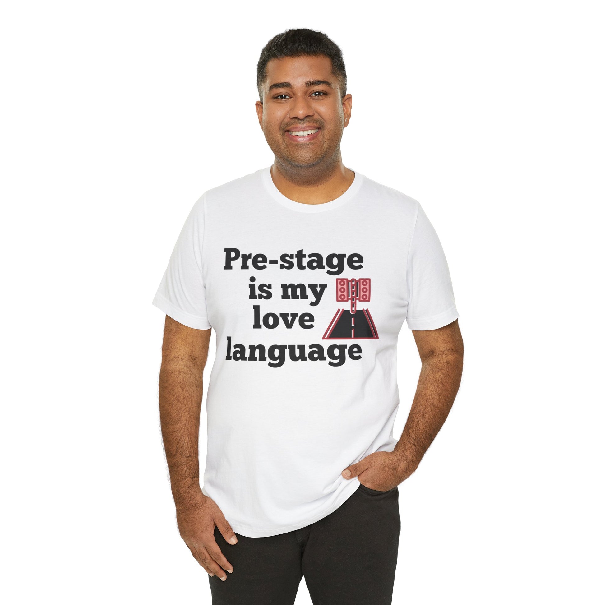 Man wearing a white t-shirt with text 'Snooze button is my love language' and graphic design on a white background