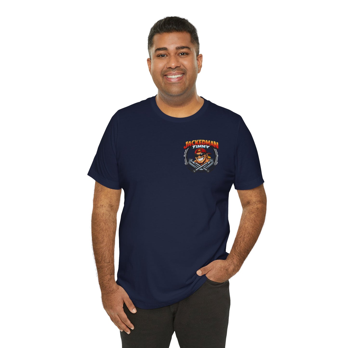 Man wearing a navy blue t-shirt with a Jackedman Timmy Race Jacks logo on a white background