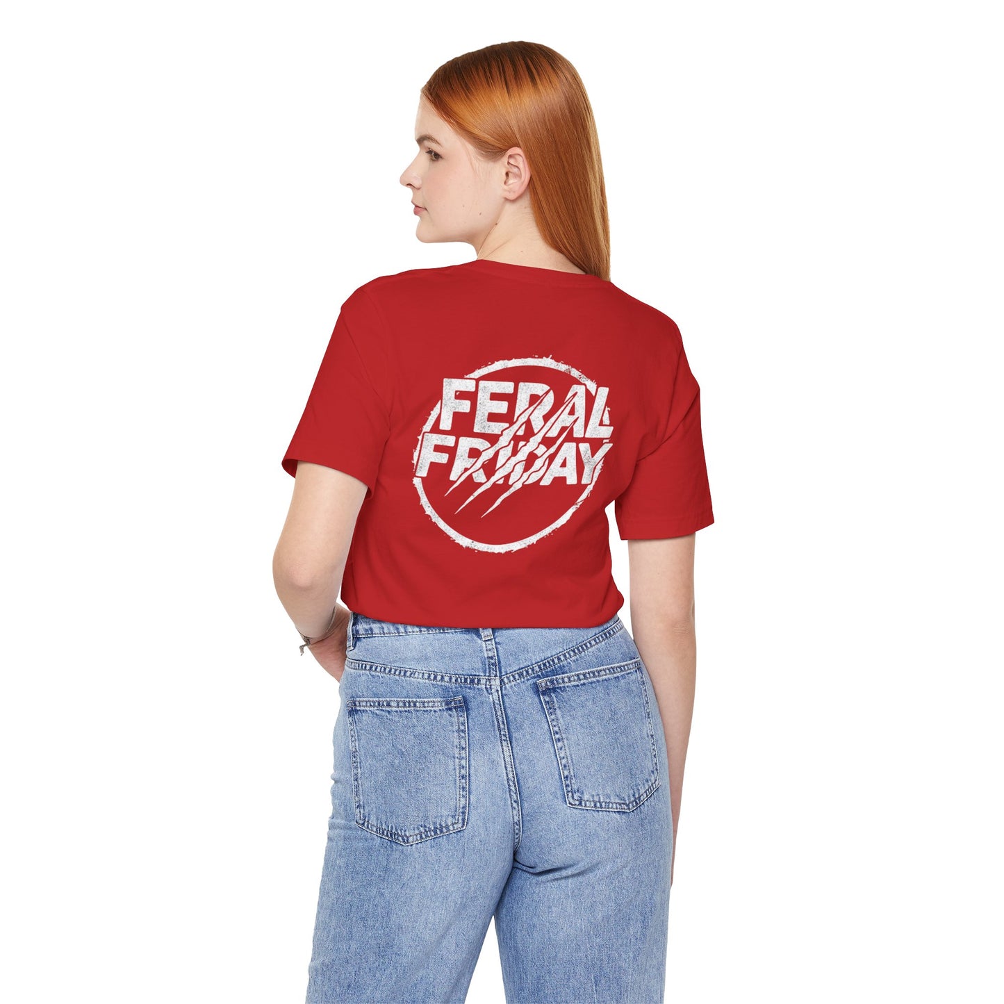 Person wearing a red t-shirt with 'Feral Friday' text on the back, standing against a white background.