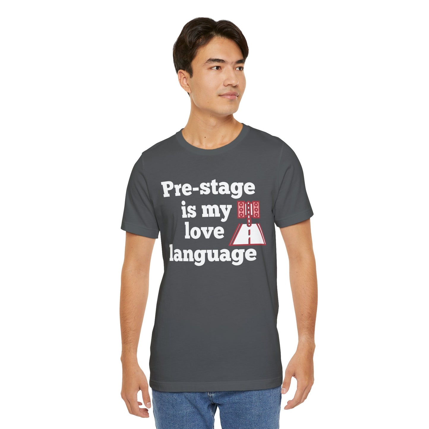 Man wearing a gray t-shirt with text 'Snooze button is my love language' and graphic design on a white background