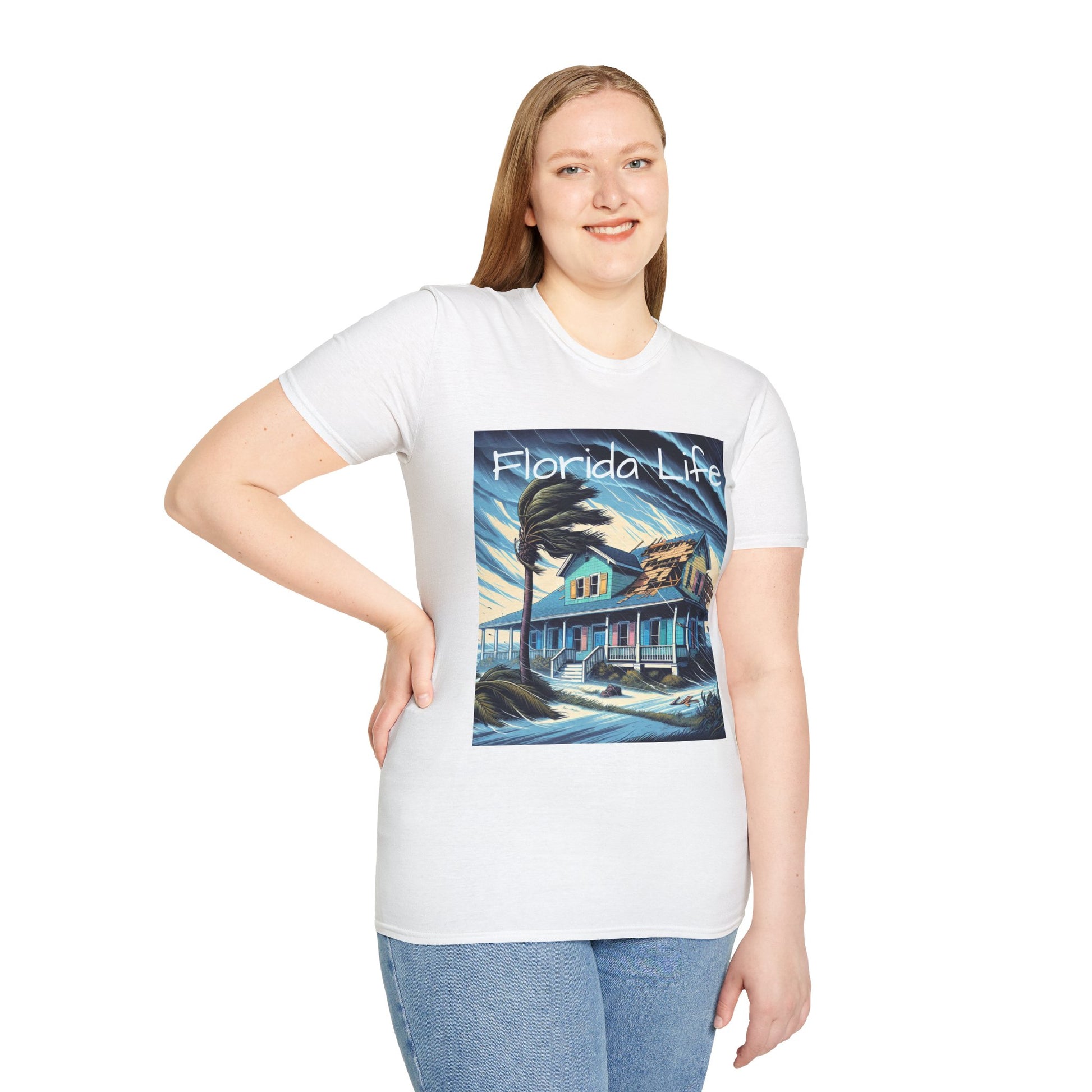 Person wearing a white t-shirt with a 'Florida Life' graphic design on a white background