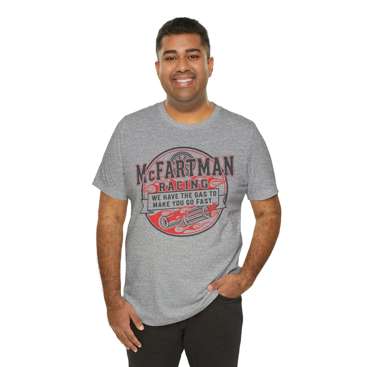 Man wearing a gray t-shirt with 'McFartman Racing' graphic design on a white background