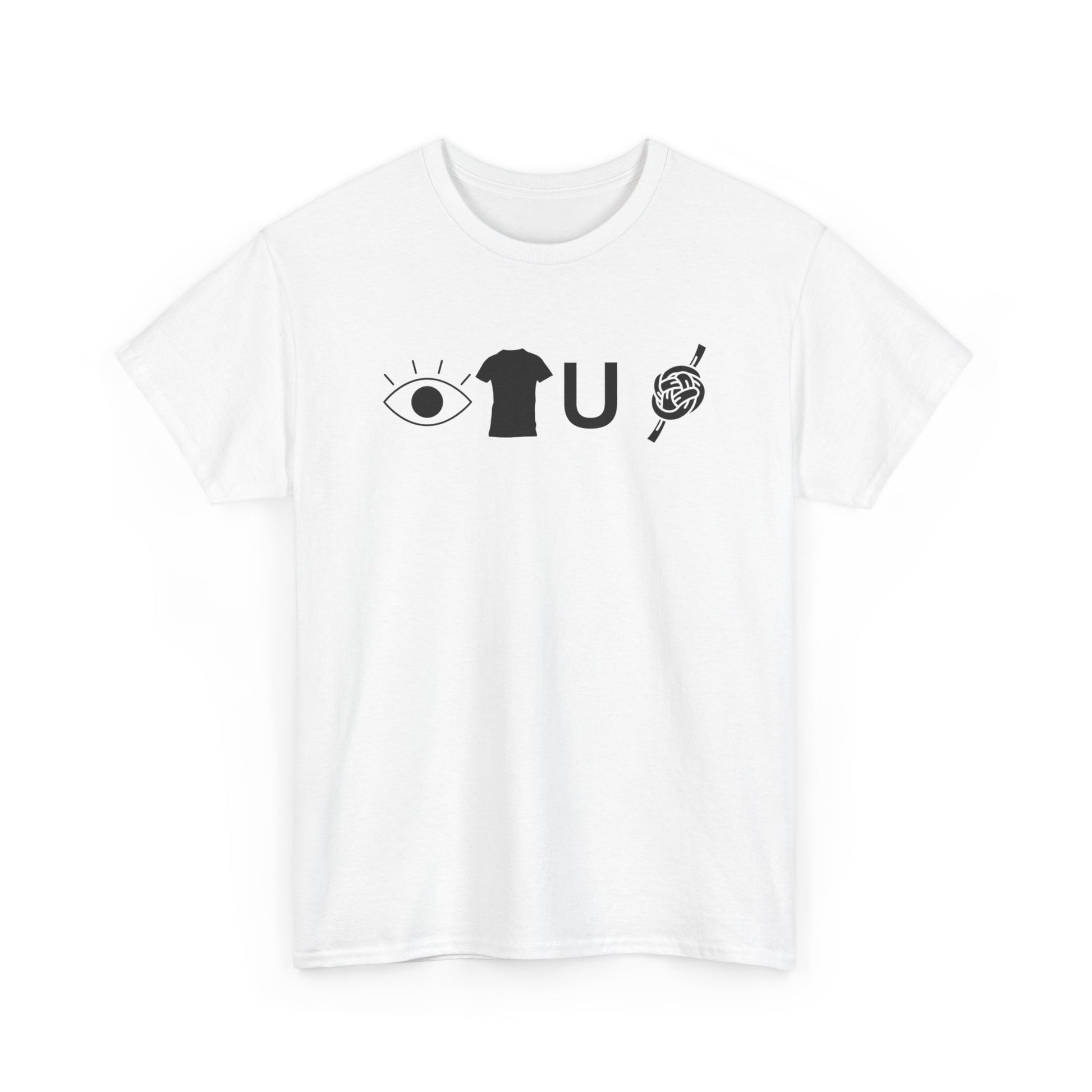 White t-shirt with black graphic design on a white background