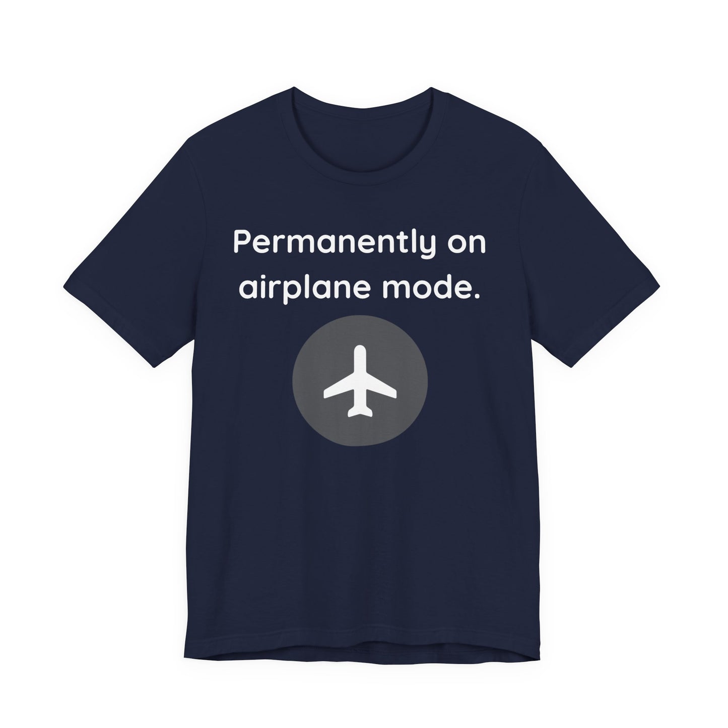 Navy blue t-shirt with airplane mode graphic and text 'Permanently on airplane mode' on a white background