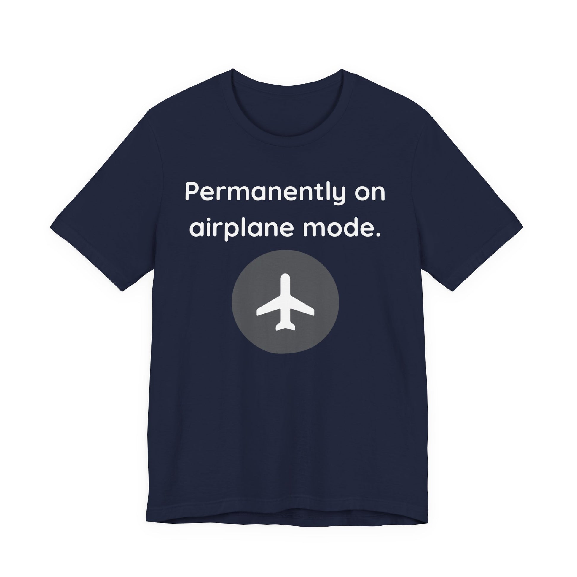Navy blue t-shirt with airplane mode graphic and text 'Permanently on airplane mode' on a white background